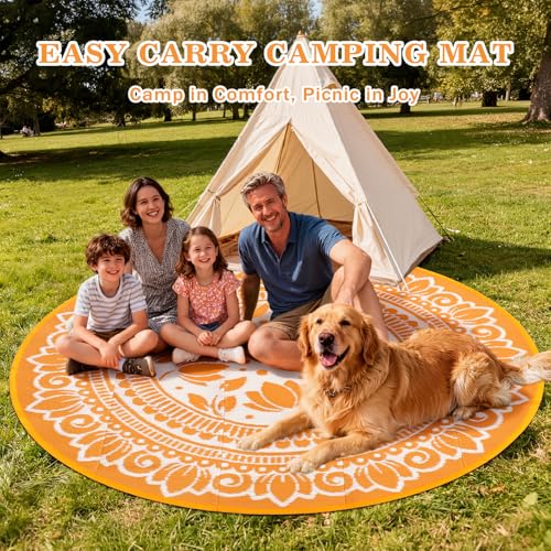 6ft Round Boho Floral Outdoor Rug, Reversible Waterproof UV-Resistant Modern Outdoor Carpet, Plastic Straw Woven Camping Mat for RV, Patio, Backyard, Deck & Porch, Orange - color: Orange, size: 6' (Round)