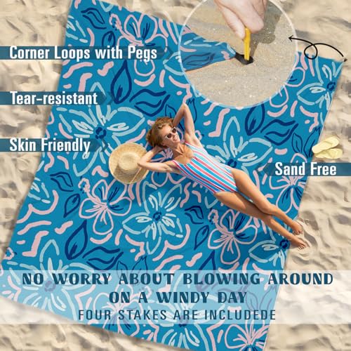 Famstar Beach Blanket Sandproof Waterproof 78''×81''1-5 Adults Oversized,Compact Lightweight Durable Beach Mat for Travel Camping Hiking Picnic Blanket - color: Blue Flower, size: 78''×81''