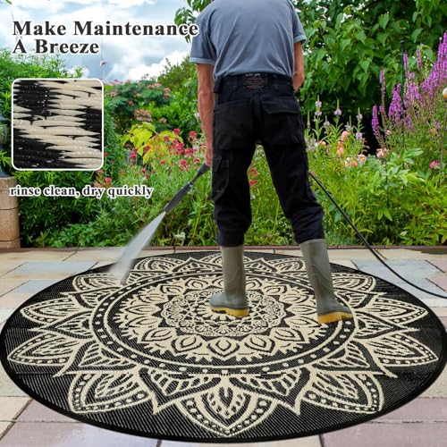 famibay Round Outdoor Rugs for Patios 8ft Boho Plastic Outdoor Rug Waterproof Reversible Circle Outside Rugs Lightweight Portable All Weather Outdoor Carpet for Patio Backyard Porch(Black Camel) - color: Black Camel, size: Round 8ft