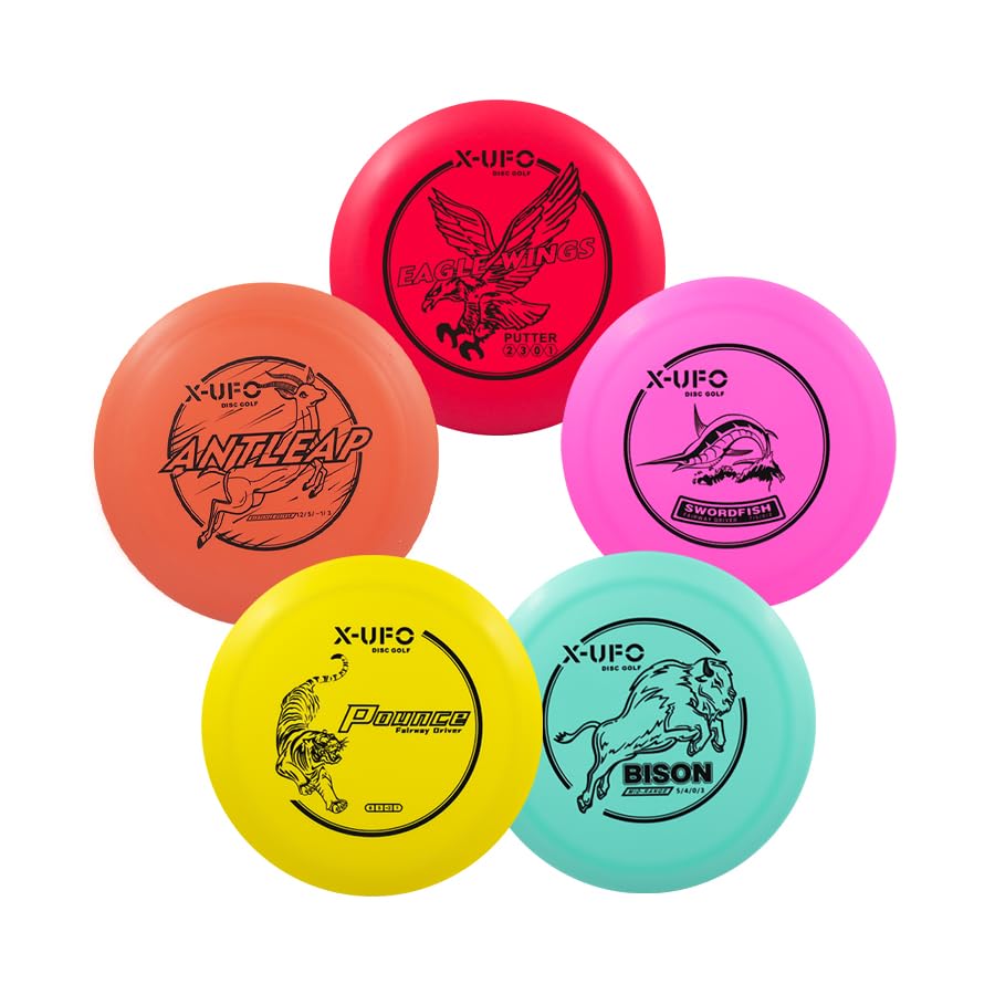 X-UFO Disc Golf Set - Beginner Disc Golf Set 5 Pack with Putter,Driver,Mid-Range,Mini Discs,157-175g (Multicolored) - color: Multicolored
