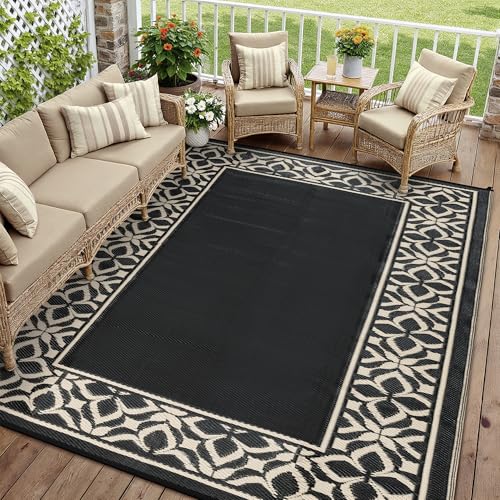 PureCozy Outdoor Plastic Straw Rug Black Beige Large Outside Waterproof Outdoor Patio 5x8 Carpet Geometric Reversible Mat Modern for Camping RV Porch Deck Balcony Beach - color: Geo | Black Beige, size: 5' x 8' (Rectangular)