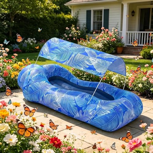 Inflatable Air Lounger, Pool Air Sofa with Sun Shade, No-Pump Blow Up Couch for Outdoor Camping, Hiking, Picnic, Vacation, Backyard, Seaside