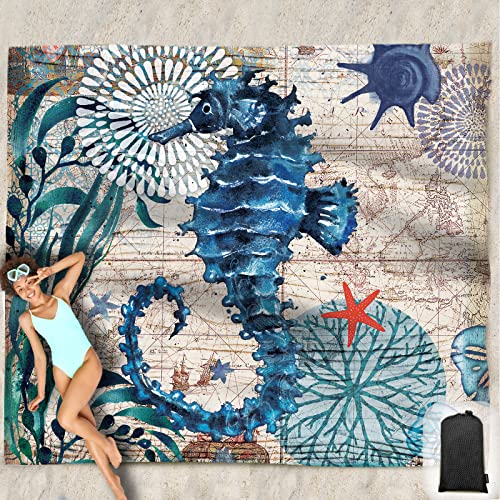 Beach Blanket Waterproof Sandproof Oversized 95”x 80”,Sand Free Beach Mat with Corner Pockets,Portable Mesh Bag for Beach Festival,Picnic,Travel and Outdoor Camping (Seahorse) - color: Seahorse