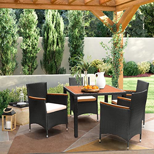 Flamaker 5 Piece Patio Dining Set Outdoor Acacia Wood Table and Chairs with Soft Cushions Wicker Patio Furniture for Deck, Backyard, Garden - color: Black, size: 5 Piece