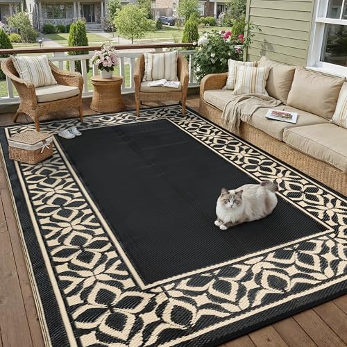PureCozy Outdoor Plastic Straw Rug Black Beige Large Outside Waterproof Outdoor Patio 5x8 Carpet Geometric Reversible Mat Modern for Camping RV Porch Deck Balcony Beach - color: Geo | Black Beige, size: 5' x 8' (Rectangular)
