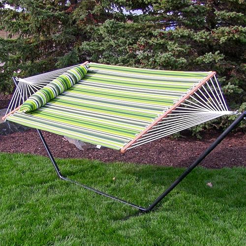 Sunnydaze Quilted Double Hammock for Outside with Spreader Bars and Pillow - 450 lb Capacity, 74x55 Inch Bed, UV Resistant, Quick Dry - Chains Included, Stand Sold Separately - Melon Stripe - color: Melon Stripe