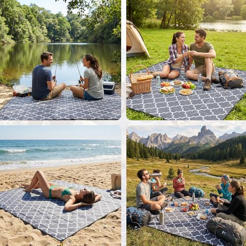 Beach Blanket Waterproof Sandproof, 79 x 79in Large Beach Mat for 1-3 Adults, Quick Drying Lightweight Durable Outdoor Picnic Mat with Stakes for Travel Camping Hiking (Grey)