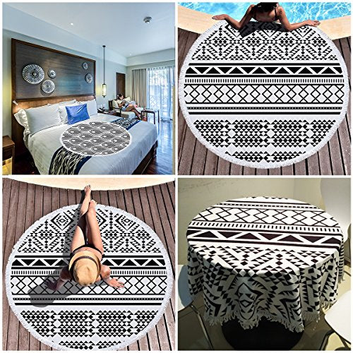 Violet Mist Microfiber Beach Towels Oversized Round Tie-Dye Beach Blanket Sand Free Quick Dry Hippie Boho Circle Bath Towel Absorbent Bohemian Meditation Rug Yoga Mat Throw Fringe Tapestry 60" CR - color: White and Black2