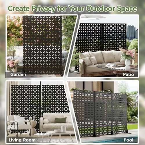 Cofar Metal Privacy Screen Outdoor 72" H×44" W -Black Freestanding Outdoor Privacy Panels with Stand, Decorative Fence for Patio, Deck, Balcony (Clover) - style: 5-Panels Clover_Black