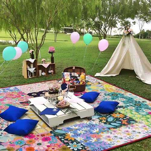 Supfitness Extra Large Picnic Blankets Waterproof Foldable (60 "x 80") Beach Blanket Waterproof Sandproof,3-Layer Thicking Mat Outdoor Packable Camping Blanket - color: Flower, size: 60x80in