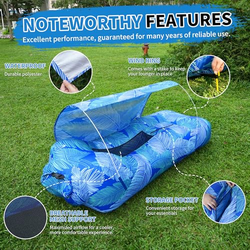 Inflatable Couch,Air Sofa with Sun-Shade Design,Built-in Storage,Ripstop Polyester&Stability Pegs,Portable Air Lounger for Beach,Camping,Easy to Carry,2Inflation Ways(Included Pump)Blue Feather - color: Blue Feather