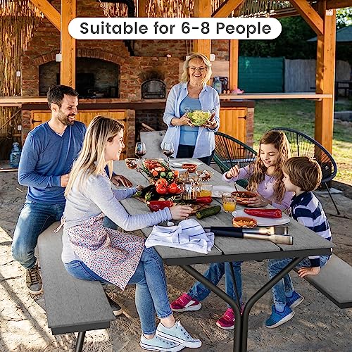 Giantex 6 FT Outdoor Picnic Table Bench Set for 6-8 People, 2400 LBS Capacity Patio Dining Table & 2 Benches with Metal Frame & HDPE, Balcony Conversation Set for Poolside Deck Garden (Gray) - color: Grey