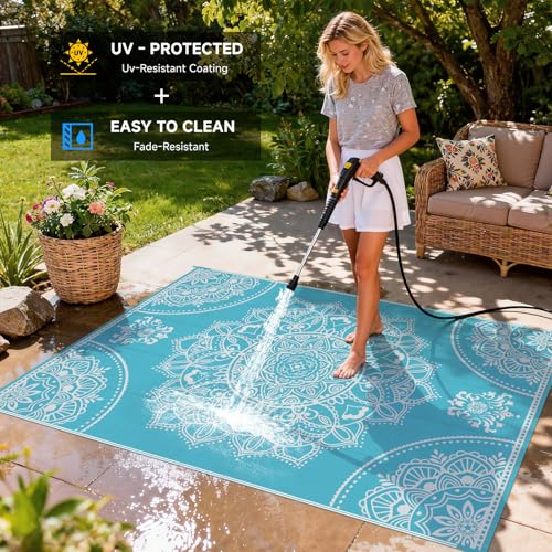 Pauwer Waterproof Outdoor Rug 6x9, Reversible Plastic Straw Patio Camping Rug, Indoor Outdoor RV Mat Carpet for Deck, Camper, Porch, Balcony, Backyard, Picnic, Floral Teal - color: Floral Teal, size: 6' x 9' (Rectangular)