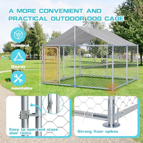 7.5ft×7.5ft Large Metal Dogs Kennels Outdoor,Waterproof Anti-Ultraviolet roof Cover Galvanized Steel Cage Fence Playpen with Lockable Door (90" D×90" W×63" H) - size: 90"D×90"W×63"H