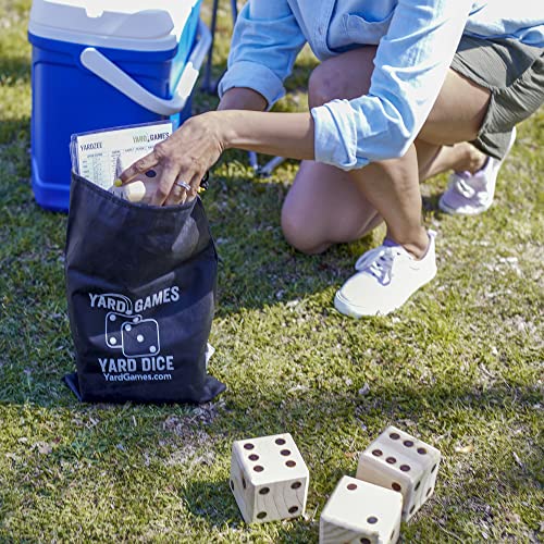 Giant 3.5" Wooden Yard Dice with Laminated Yardzee and Farkle Scoresheets and Durable Carrying Case
