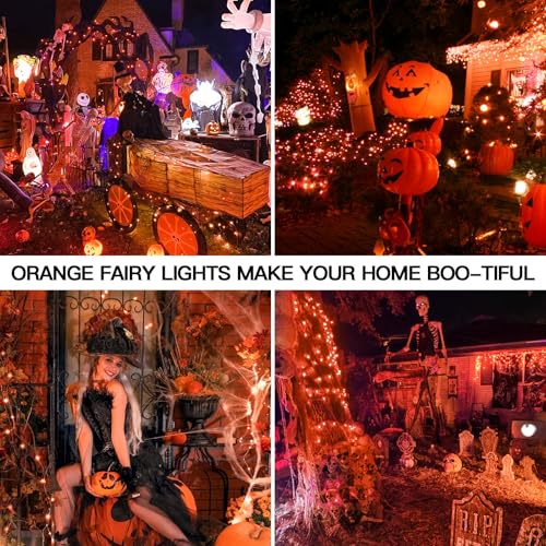 suddus Orange Halloween Fairy Lights Battery Operated, 66ft 200 LED Copper Wire Twinkle Lights Waterproof, String Lights with Remote for Bedroom, Party, Yard, Door, Garland, Tree Decorations - color: Orange, size: 200LED