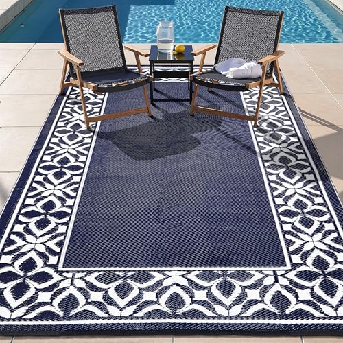 PureCozy Outdoor Plastic Straw Rug Navy Blue Large Outside Waterproof Outdoor Patio 5x8 Carpet Geometric Reversible Mat Modern for Camping RV Porch Deck Balcony Beach - color: Geo | Navy Blue, size: 5' x 8' (Rectangular)