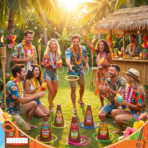 Jenaai 26 Pcs Luau Party Favors Luau Tiki Pool Ring Toss Game Limbo 6 Plastic Cones Hawaiian 20 Toss Rings for Indoor Outdoor Summer Tropical Pool Beach Party Supplie