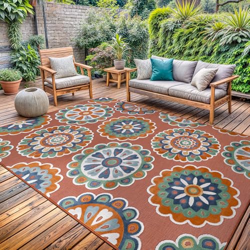 Outdoor Rug 9x12 Washable Area Rugs Indoor Outdoor Carpets Orange Bohemian Medallion Non Shedding Waterproof Easy Clean Patio Deck Porch Living Room Bedroom Garden RV (9 X 12 Orange) - color: 2-orange, size: 9' x 12' (Rectangular)