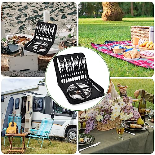Camping Silverware Kit Cutlery Organizer Utensil Picnic Set Stainless Steel Plate Spoon Clip and Serrated Knife Wine Opener Fork Napkin Hiking - Camp Kitchen BBQ’s - color: Camping Silverware Set-24set