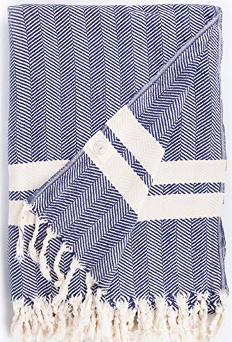 Bersuse 100% Cotton Herringbone XL Throw Blanket for Couch - 100% Cotton Lightweight Durable Throw Blanket, Big Blanket for Sensitive Skin, Decorative and Versatile - 63x94 Inches, Dark Blue - color: Dark Blue