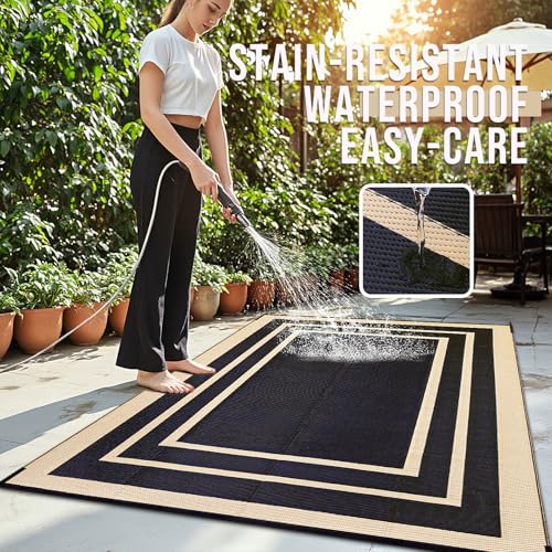 OLANLY Outdoor Rug 8x10 ft Waterproof, Reversible Outdoor Plastic Straw Rug, RV Mat, Indoor Outdoor Carpet Clearance for Patio, Camping, Balcony, Deck, Backyard, Black & Beige - color: Black & Beige, size: 8' X 10' (Rectangular)
