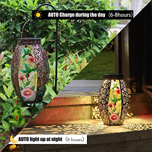 Larekook Hummingbird Solar Lantern Outdoor Waterproof,13" Large Metal Hanging Lantern Decorative,Hummingbird Solar Lights for Yard Lawn Porch Patio Garden Decor,Birthday Gifts for Women Mom - style: 2 Hummingbird