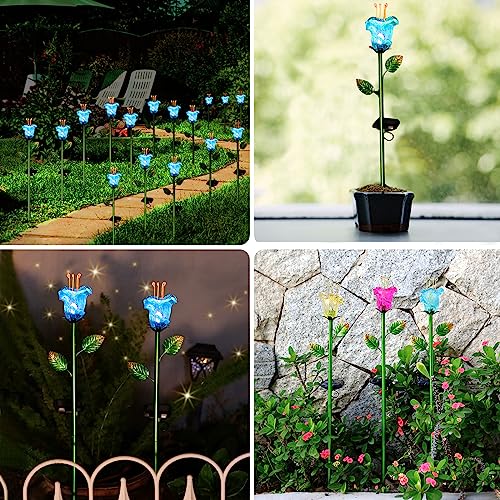 Garden Solar Stake Lights Outdoor, 2 Pack Solar Powered Metal Stake Lights with Blue Bell Glass Lily LED Decorative Garden Lights for Walkway,Pathway,Lawn, Courtyard