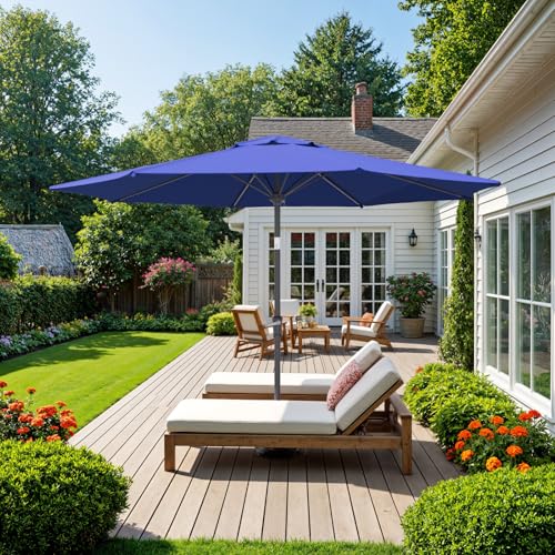 Outdoor Patio Umbrella, Table Umbrella with Push Button Tilt and Crank, 8 Ribs Market Umbrella - color: Dark Blue-Steel Ribs, size: 9FT