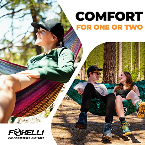 Foxelli Camping Hammock – Ultralight Hammock for Backpacking, Hiking, Festivals, Travel - Easy Setup with Tree-Friendly Ropes & Steel Carabiners, Heavy Duty Parachute Nylon - color: Indian_summer