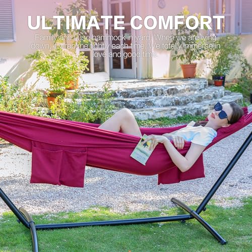 PNAEUT Double Hammocks with Stand for Outside, Portable Space Saving Heavy-Duty Steel Stand for Indoor Outdoor Patio with Carrying Bag, 450 lbs Capacity (Cherry) - color: Cherry