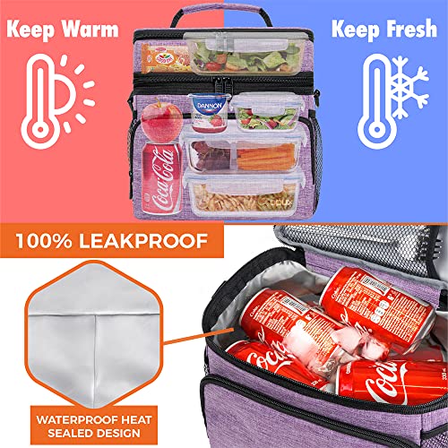 opux Insulated Lunch Bag for Men Women, Large Dual Compartment Cooler Bag, Soft Two Deck Lunch Box for Work School Picnic, Leakproof Lunch Tote with Shoulder Strap for Kid Adult (Purple, Double Deck) - color: Heather Purple, size: Double Deck