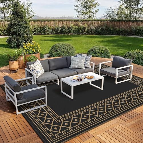 GENIMO Outdoor Rug Waterproof for Patio Decor, 10'x20' Foldable Reversible Plastic Straw Carpet, Outside Area Mat for Rv, Deck, Picnic, Porch, Camper, Balcony, Beach, Black & Brown - color: Black & Brown | Natural, size: 10' x 20' (Rectangular)