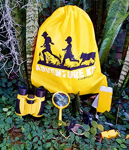 Adventure Kidz Outdoor Exploration Kit, Children’s Binoculars, Flashlight, Compass, Fox Whistle, Magnifying Glass, Backpack. Great Gift Set for STEM, Pretend Play - color: Yellow