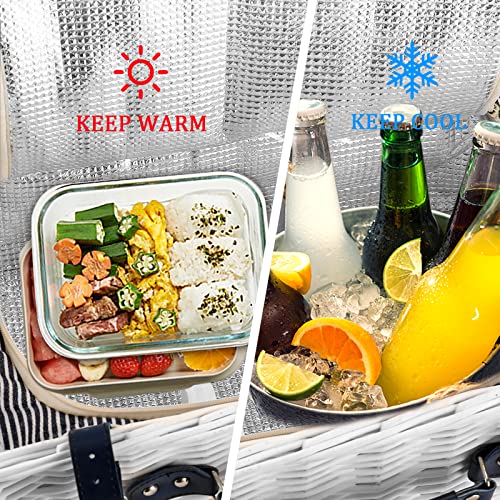 Picnic Basket for 4 Persons with Waterproof Picnic Blanket and Insulated Cooler, Large Wicker Picnic Basket for Camping, Outdoors, Valentine's Day, Christmas, Birthday, Wedding Gift - color: White Basket
