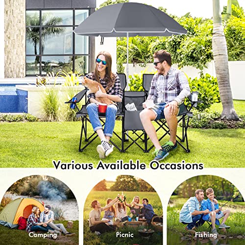 LDAILY LUARANE Folding Double Camping Chair, Outdoor Picnic Chairs w/Removable Umbrella, Mini Table, Cup Holder & Carrying Bag, Portable Camping Loveseat for Patio, Pool, Lawn, Beach, Park (Grey) - color: Grey