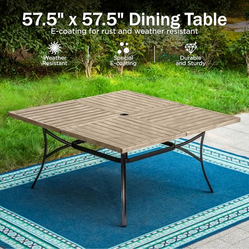 PHI VILLA 9 Pieces Outdoor Dining Set for 8, 57.5" Brown Square Iron Table with Umbrella Hole & Stackable Black Metal Steel Chairs, Large Outside Furniture Set for Patio, Deck, Yard, Porch - color: Hexagon Back Chair, size: 9PCS-57.5" Wood-like Table