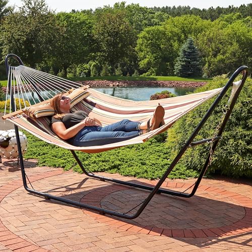 Sunnydaze Quilted Double Hammock for Outside with Spreader Bars and Pillow - 450 lb Capacity, 74x55 Inch Bed, UV Resistant, Quick Dry - Chains Included, Stand Sold Separately - Sandy Beach - color: Sandy Beach