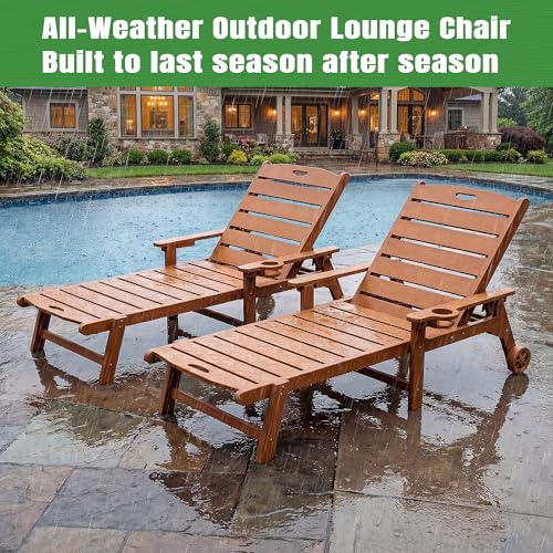 Outdoor Lounge Chair Set of 4 with 5-Position Adjustable, Outside Lounge Chair with Cup Holder, Wheels for Easy Mobility, HDPE Tanning Chair for Poolside, Patio, Brown - color: Brown, size: 4pc