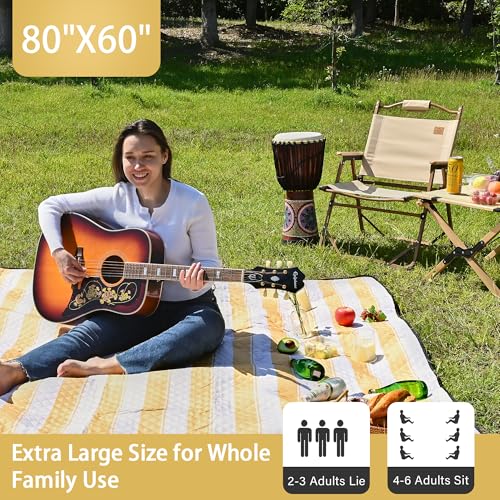 HX&OD Outdoor Picnic Blanket Extra Large, 80''*60'' Waterproof Picnic Mat with Stakes Foldable Camping Blanket Portable with Carry Strap for Beach Mat (Green& White, 80''*60'') - color: Yellow& White, size: 5' x 6'8" (Rectangular)