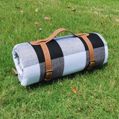 79”x79” Picnic Blanket Extra Large, Waterproof and Foldable Beach Blanket, 3-Layer Outdoor Blanket for 6 to 8 Adults, for Camping, Park, Beach, Grass, Indoors - color: Black and White Grids
