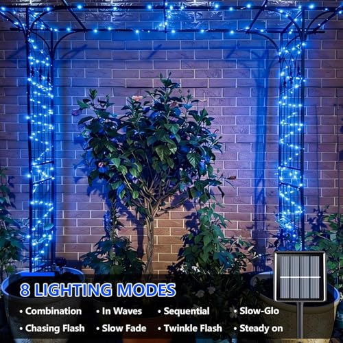 YEGUO 4 Pack Blue Solar Fairy Lights, Each 33ft 100 LED Christmas Lights Outdoor Waterproof, 8 Modes Sliver Wire Solar String Lights - color: Blue