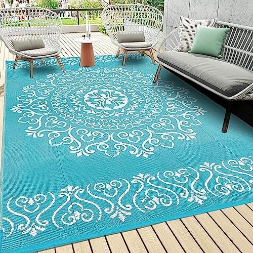 Pauwer Waterproof Outdoor Rug 6x9, Reversible Plastic Straw Patio Camping Rug, Indoor Outdoor RV Mat Carpet for Deck, Camper, Porch, Balcony, Backyard, Picnic, Floral Teal - color: Floral Teal, size: 6' x 9' (Rectangular)