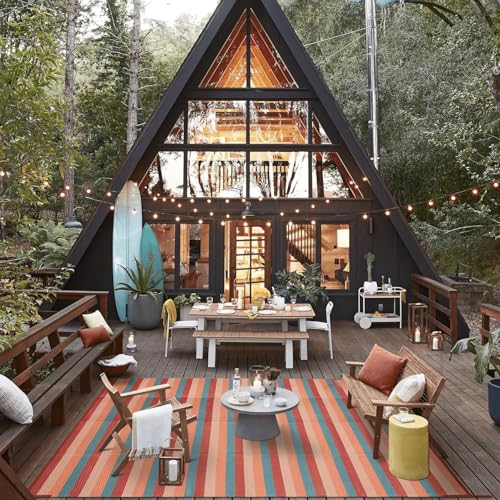 PureCozy Outdoor Waterproof Patio Rug 6x9 Plastic Straw Reversible Outside Orange Red Colorful Striped Carpet Lightweight Large Rug for Camping RV Porch Deck Balcony Beach - color: Stripe | Orange Red, size: 6' x 9' (Rectangular)