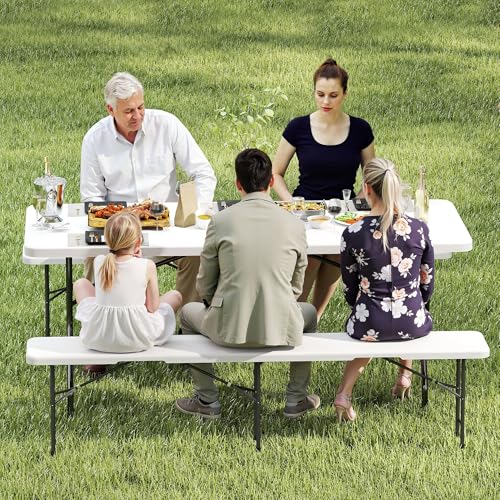 Real Relax 6' Picnic Table with 2 Benches, 3 Piece White Portable HDPE Folding Camping Table and Benches for Courtyard, Garden, Outdoor Leisure, Party - color: White