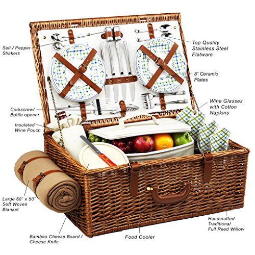 Picnic at Ascot Original Dorset English-Style Willow Picnic Basket with Service for 4 and Blanket- Designed, Assembled & Quality Approved in the USA - color: Wicker With Gazebo Plates/Napkins