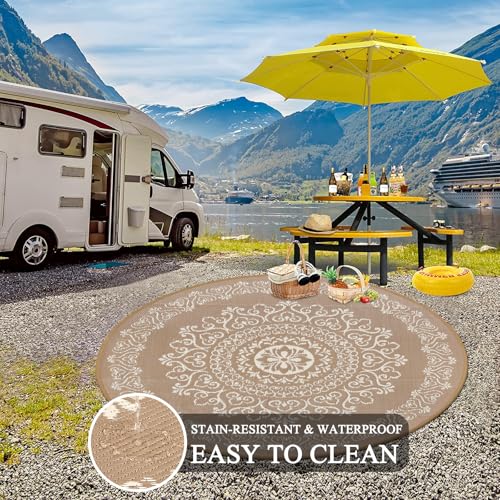Pauwer Waterproof Outdoor Rug 6ft, Reversible Plastic Straw Patio Camping Rug, Indoor Outdoor RV Mat Carpet for Deck, Camper, Porch, Balcony, Backyard, Picnic, Floral Brown - color: Floral Brown, size: 6' (Round)