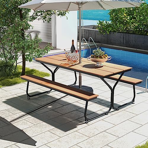 Giantex 6 FT Outdoor Picnic Table Bench Set for 6-8 People, 2400 LBS Capacity Patio Dining Table & 2 Benches with Metal Frame & HDPE, Balcony Conversation Set for Poolside Deck Garden (Brown) - color: Brown