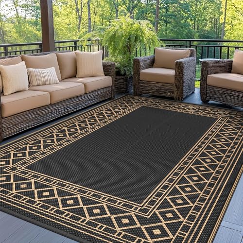 GENIMO Outdoor Rug Waterproof 9'x12' for Patio, Foldable Reversible Plastic Straw Carpet for Travel Trailers, Outside Area Mat for Rv, Deck, Picnic, Porch, Camper, Balcony, Beach, Black & Brown - color: Black & Brown | Natural, size: 9' x 12' (Rectangular