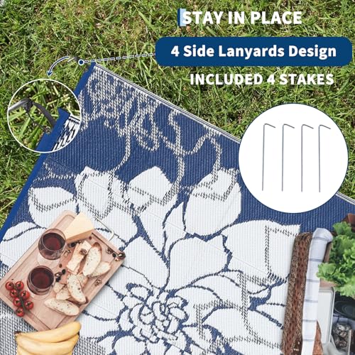 GarveeHome Outdoor Rugs 8x10 Waterproof Reversible Outdoor Plastic Straw Rug Modern Floral Patio Rug Indoor Outdoor Carpet RV Mat Outside for Patio Camp Balcony Deck Picnic, Navy - color: Floral|navy&white, size: 8' x 10' (Rectangular)